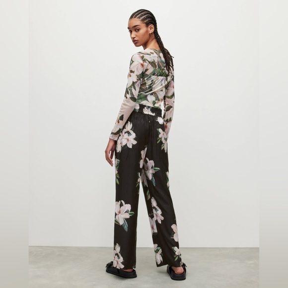 NWOT Allsaints Silk Floral Flow Tie Pants Straight Leg Wide Silhouette Trousers - Picture 2 of 5